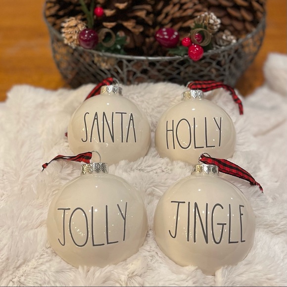 RAE DUNN by Magenta "SANTA, HOLLY, JOLLY, JINGLE” Christmas Ornament Set of 4 - Picture 1 of 6